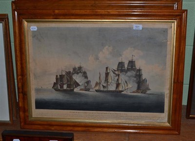 Lot 501 - Maple framed coloured engraving of sailing frigates titled, 'Capture of the Resistance and...