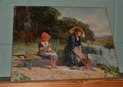 Lot 510 - John M Bromley, ";Toil & Pleasure"; - mother and child, oil on canvas