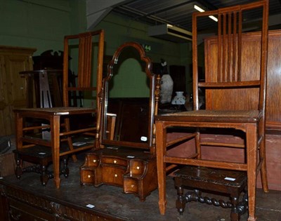 Lot 540 - A Queen Anne style walnut toilet mirror, a pair of Victorian oak stools and a pair of chairs