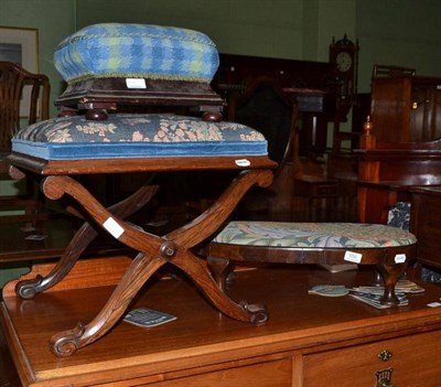 Lot 550 - A rosewood X-framed stool, a kidney shaped footstool, a small square footstool all with machine...