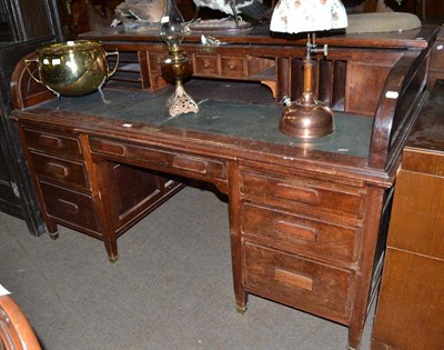 Lot 554 - Large mahogany roll-top desk, with keys