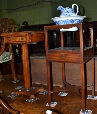 Lot 564 - Georgian mahogany washstand with blue and white pottery jug and bowl and a small side table