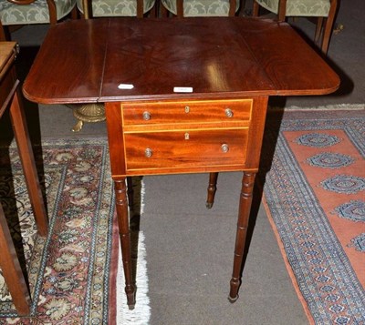 Lot 567 - A 19th century mahogany inlaid small table with drop leaf and two drawers