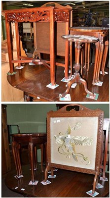 Lot 616 - A reproduction mahogany hall table, carved oak fire screen with embroidered insert of a parrot,...