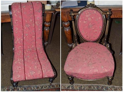 Lot 642 - Victorian ebonised and parcel gilt medallion back nursing chair and a similar scroll back...