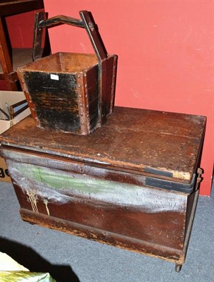 Lot 677 - A pine tool box and contents, including planes, brace etc and a wooden bucket