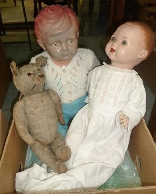 Lot 742 - Celluloid doll bearing turtle mark, papier mache head doll and jointed Teddy bear (a.f.) and box of