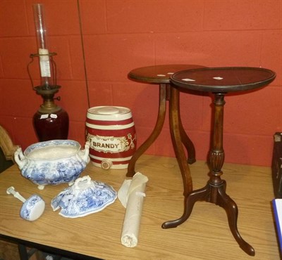 Lot 756 - A blue and white earthenware soup tureen, cover and ladle, a large earthenware 'Brandy' barrel, red