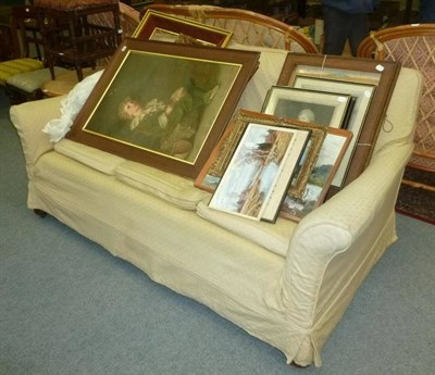 Lot 763 - Cream upholstered three seater settee, a pair of gilt framed mirrors, a print and a picture...