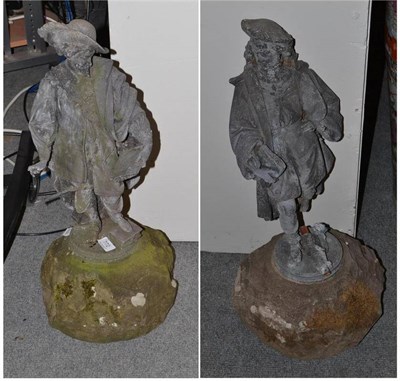 Lot 772 - A pair of 19th century spelter garden figures of Cavaliers on stone mounts