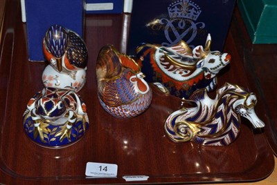 Lot 14 - A collection of five Royal Crown Derby paperweights:- Seahorse, gold stopper; Cockerel, gold...