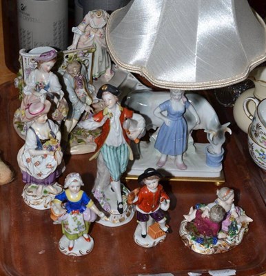 Lot 33 - Two Meissen porcelain figures, five Continental figures and a figural lamp base