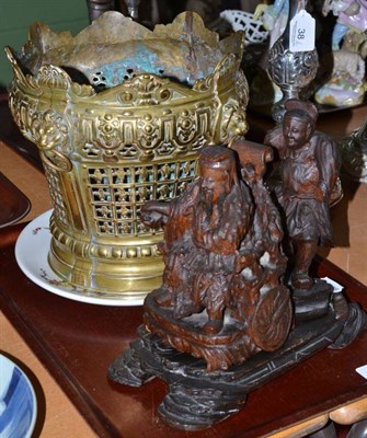 Lot 36 - Canadian Pacific steamship plate, a brass planter and a carved hardwood figure