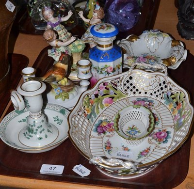 Lot 47 - A tray of Continental porcelain including a Meissen chamberstick (a.f.), a Paris scent bottle...