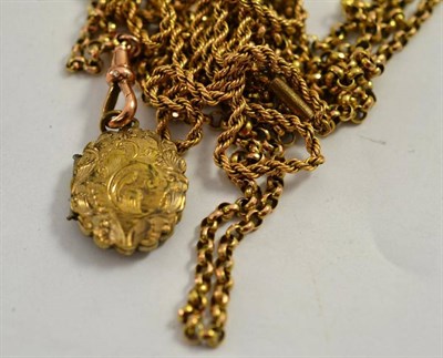 Lot 69 - A guard chain hung with a locket and with applied plaque '9c' and a rope twist chain (2)