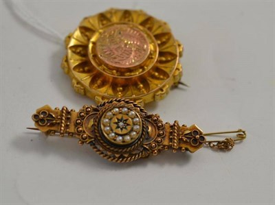 Lot 76 - A Victorian brooch stamped '9ct' and a 15ct gold diamond and pearl brooch