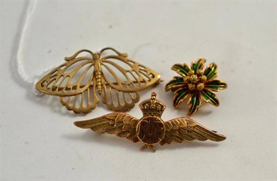 Lot 79 - A 9ct gold butterfly brooch, an RAF brooch and a green enamelled brooch stamped '18k'