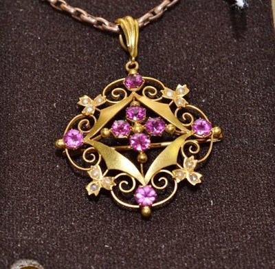 Lot 81 - An Art Nouveau style pendant on chain marked '9ct'