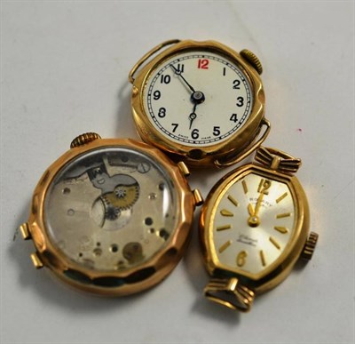 Lot 103 - Three lady's 9ct gold wristwatches with black bracelets (a.f.)