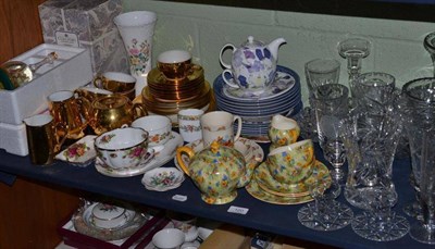 Lot 120 - Shelf of decorative ceramics and glass including cut glass vases, salad bowl, Crown Ducal...