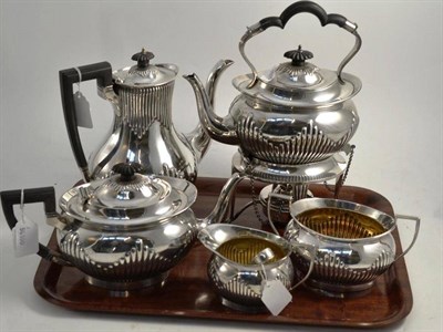 Lot 159 - A Mappin & Webb five piece tea set plate and a pair of silver sugar tongs