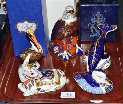 Lot 168 - A collection of five Royal Crown Derby paperweights:- Bald Eagle, silver stopper; Donkey, gold...