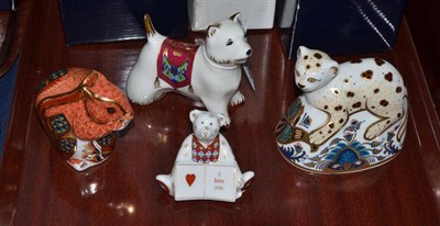 Lot 172 - Four Royal Crown Derby paperweights, including 'Leopard Cub' (with box) and 'I Love You'