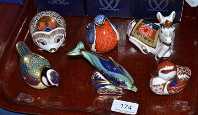 Lot 174 - Six boxed Royal Crown Derby paperweights - Baby Bottlenose Dolphin, Swimming Duckling, Bluetit,...