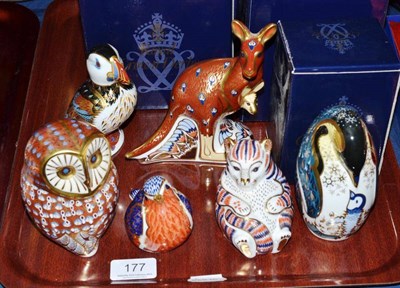 Lot 177 - A collection of six boxed Royal Crown Derby paperweights with gold stoppers:- Kangaroo, Owl,...