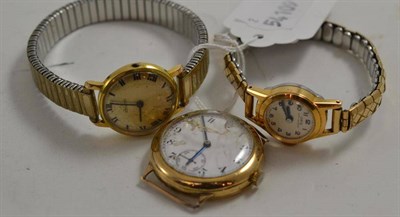 Lot 205 - A 9ct gold gents wristwatch with movement signed Zenith, and two ladies wristwatches