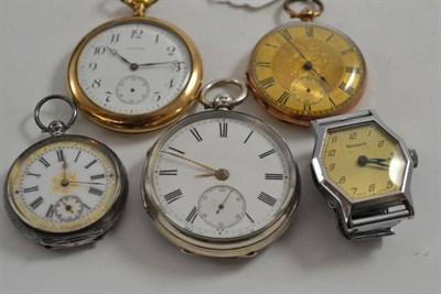 Lot 206 - A pocket watch with case stamped 14k, silver pocket watch, fob watch, plated watch and a gents...