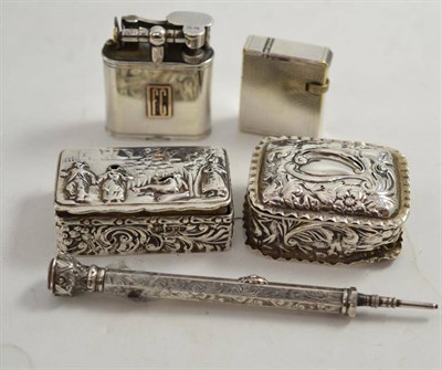 Lot 217 - A silver cased lighter, London 1906, another lighter, a propelling pencil and two silver...