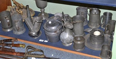 Lot 248 - Assorted 19th century and later pewter tankards, plates, jugs, funnel, inkwell, spirit flask, a...