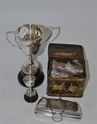 Lot 264 - A silver purse, two silver trophy cups and a tin of coins