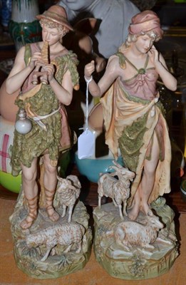 Lot 279 - A pair of Royal Dux figures shepherd and shepherdess (a.f.) and two modern gilt framed oil...