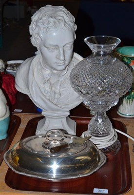 Lot 281 - A cut glass mushroom lamp, a plaster bust, a plated entree dish stamped 'Harrods' and a trowel