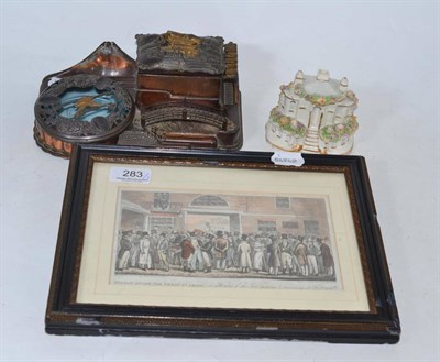 Lot 283 - Framed colour print Monday after St Ledger, Japanese musical box and a Staffordshire ornament