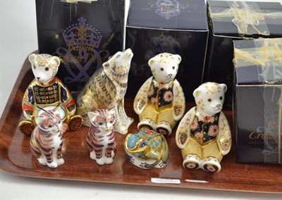 Lot 292 - Seven Royal Crown Derby paperweights; Wolf (gold stopper), two kittens (gold stopper), two...