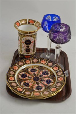 Lot 294 - A Royal Crown Derby Imari vase, 17cm high and two plates and also two hock glasses