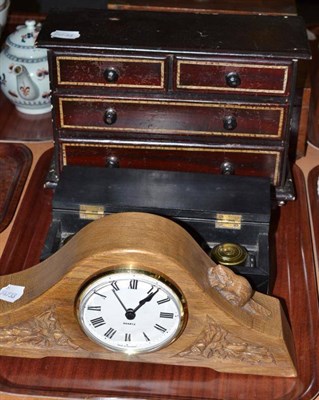 Lot 308 - A Beaver Man oak mantel clock, an ebony enclosed inkstand and a painted pine miniature chest of...