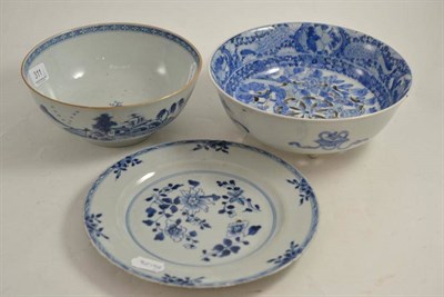 Lot 311 - Chinese blue and white bowl, plate and Japanese drainer