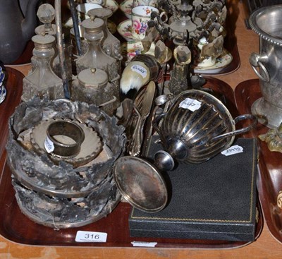 Lot 316 - A pair of bottle coasters, trophy cup, cutlery etc, condiment set and a pair of  bronze candle...