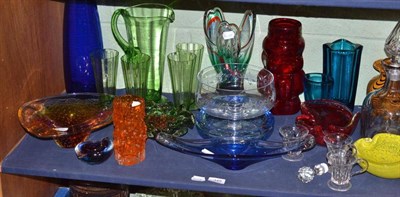 Lot 349 - A shelf of Art Glass including Whitefriars tangerine bark vase, Venetian ashtray, bowls,...