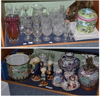 Lot 350 - Two shelves of decorative ceramics and glass including a Losol Ware jardiniere, West German...