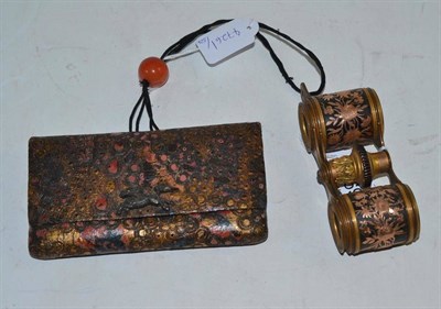 Lot 369 - 19th century Chinese leather tobacco pouch, with coloured and tooled decoration, with a running chi