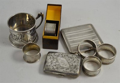 Lot 370 - Two silver cigarette cases, napkin rings, cup etc