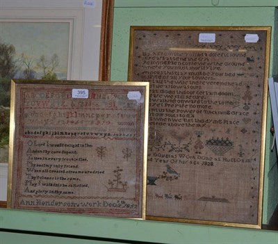 Lot 395 - Framed sampler worked by Ann Henderson dated 1852, together with an unfinished framed sampler...