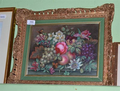 Lot 399 - W Rouse Jnr.- Still life of grapes, roses, honeysuckle, passion flower and butterflies on a...