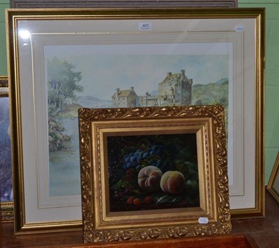 Lot 407 - Manner of Oliver Clare - Still life of fruit on a ledge, oil on board, 22.5cm by 27.5cm; three...