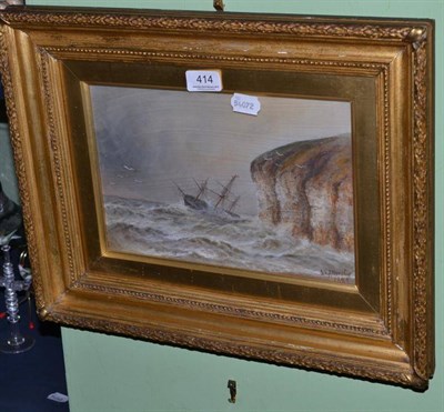 Lot 414 - S J A Allerston, ship foundering off cliffs, oil on canvas